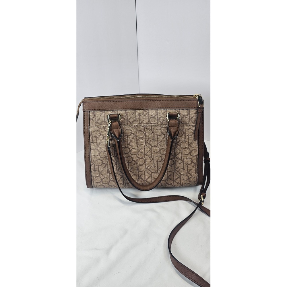 Calvin Klein Floral Embroidered Satchel Crossbody Logo Bag Brown Beige - Picture 6 of 9